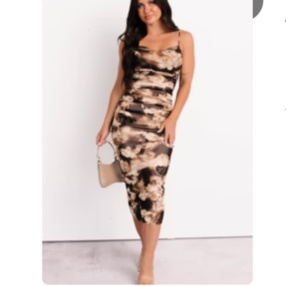 Sleeveless Brown Cream Floral  Midi Dress